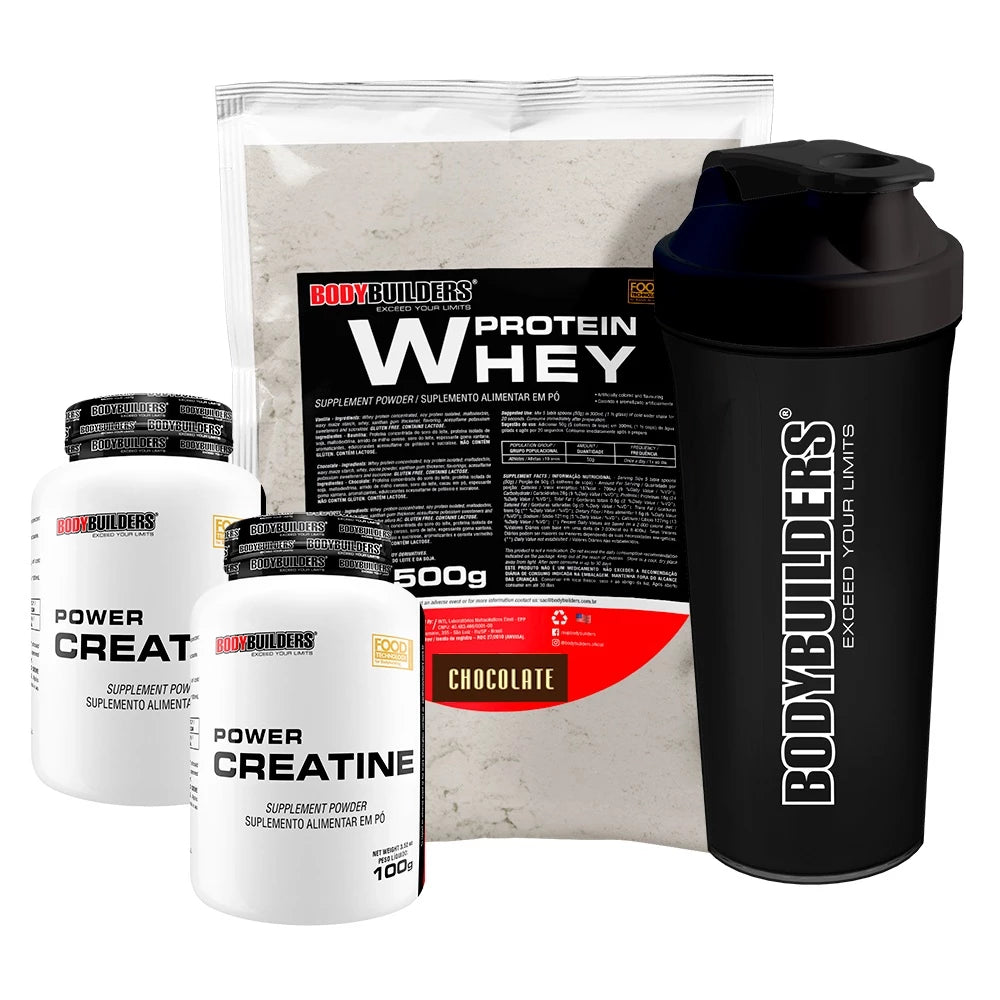 Kit Whey Protein Concentrado em Blend Proteico 500g + 2x  Power Creatina 100g + Coqueteleira - Aumento de Massa Muscular - Bodybuilders