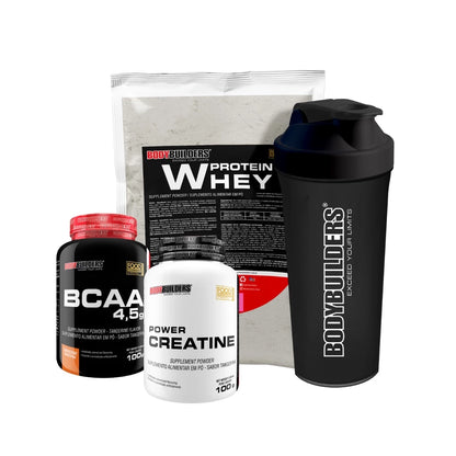 Kit Whey Protein Concentrado em Blend Proteico 500g + BCAA 4,5 100g + Power Creatina 100g + Coqueteleira - Aumento de Massa Muscular - Bodybuilders