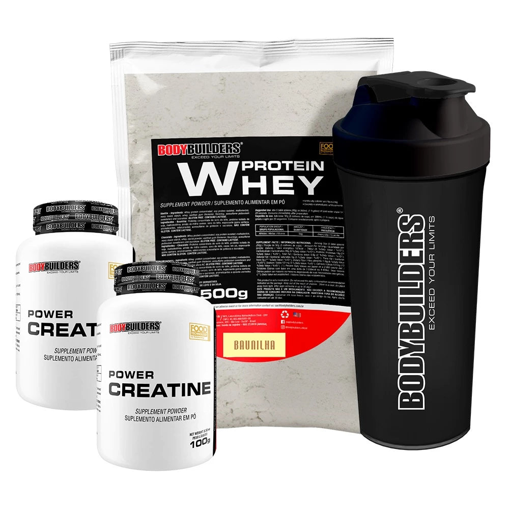 Kit Whey Protein Concentrado em Blend Proteico 500g + 2x  Power Creatina 100g + Coqueteleira - Aumento de Massa Muscular - Bodybuilders