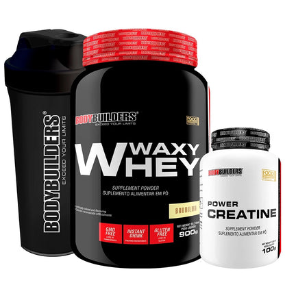 Kit Whey Protein Waxy Whey Pote 900g + Power Creatina 100g + Coqueteleira - Aumento de Massa Muscular - Bodybuilders