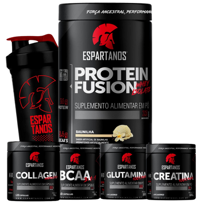 Combo Espartanos: Whey Isolado + BCAA + Creatina + Glutamina + Colágeno + Shaker