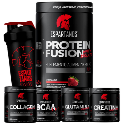Combo Espartanos: Whey Isolado + BCAA + Creatina + Glutamina + Colágeno + Shaker