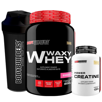 Kit Whey Protein Waxy Whey Pote 900g + Power Creatina 100g + Coqueteleira - Aumento de Massa Muscular - Bodybuilders