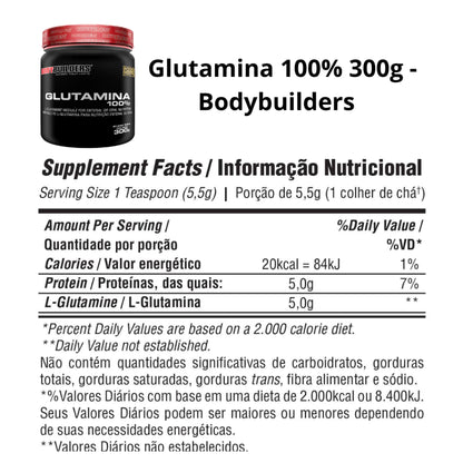 Glutamina 100% Pura 300g - Ganho muscular e desempenho do exercício – Bodybuilders