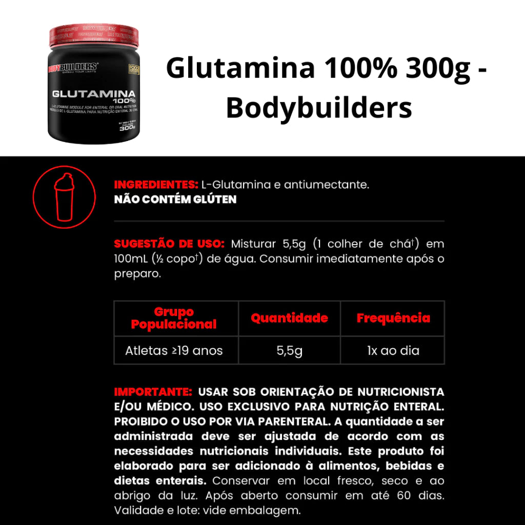 Glutamina 100% Pura 300g - Ganho muscular e desempenho do exercício – Bodybuilders