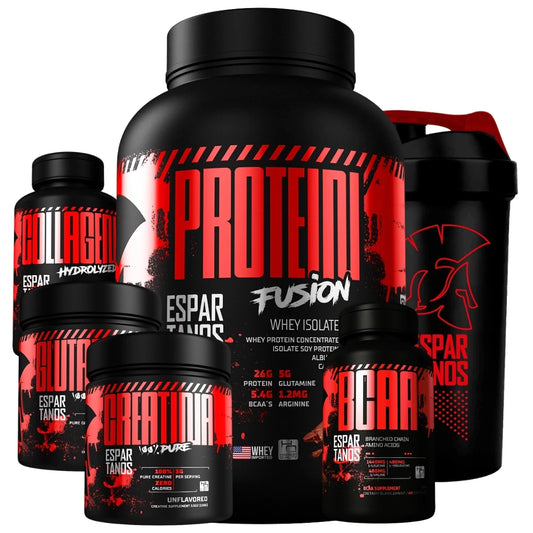 Kit Espartanos Whey Protein Isolado Fusion + Bcaa + Creatina Pura Monohidratada + Glutamina Pura + Colágeno Hidrolisado + Shaker - Combo de Suplementos Completo para Massa Muscular