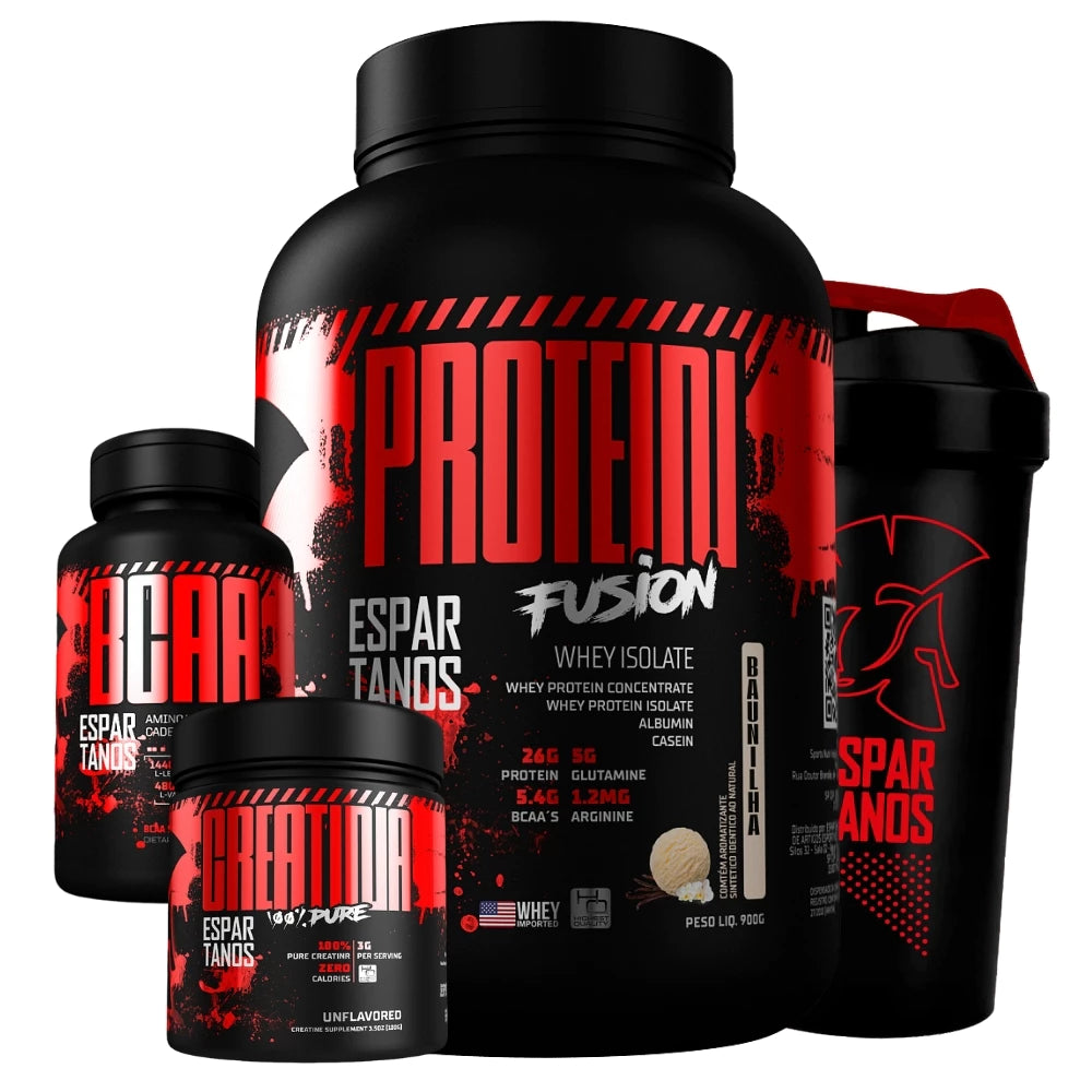 Kit Espartanos Whey Protein Fusion + Bcaa + Creatina + Shaker