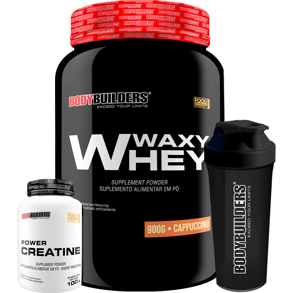 Kit Whey Protein Waxy Whey Pote 900g + Power Creatina 100g + Coqueteleira - Aumento de Massa Muscular - Bodybuilders