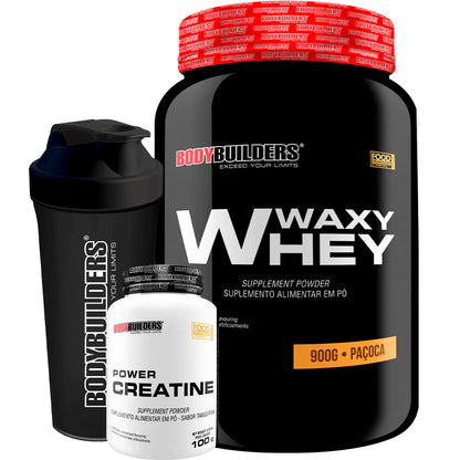 Kit Whey Protein Waxy Whey Pote 900g + Power Creatina 100g + Coqueteleira - Aumento de Massa Muscular - Bodybuilders