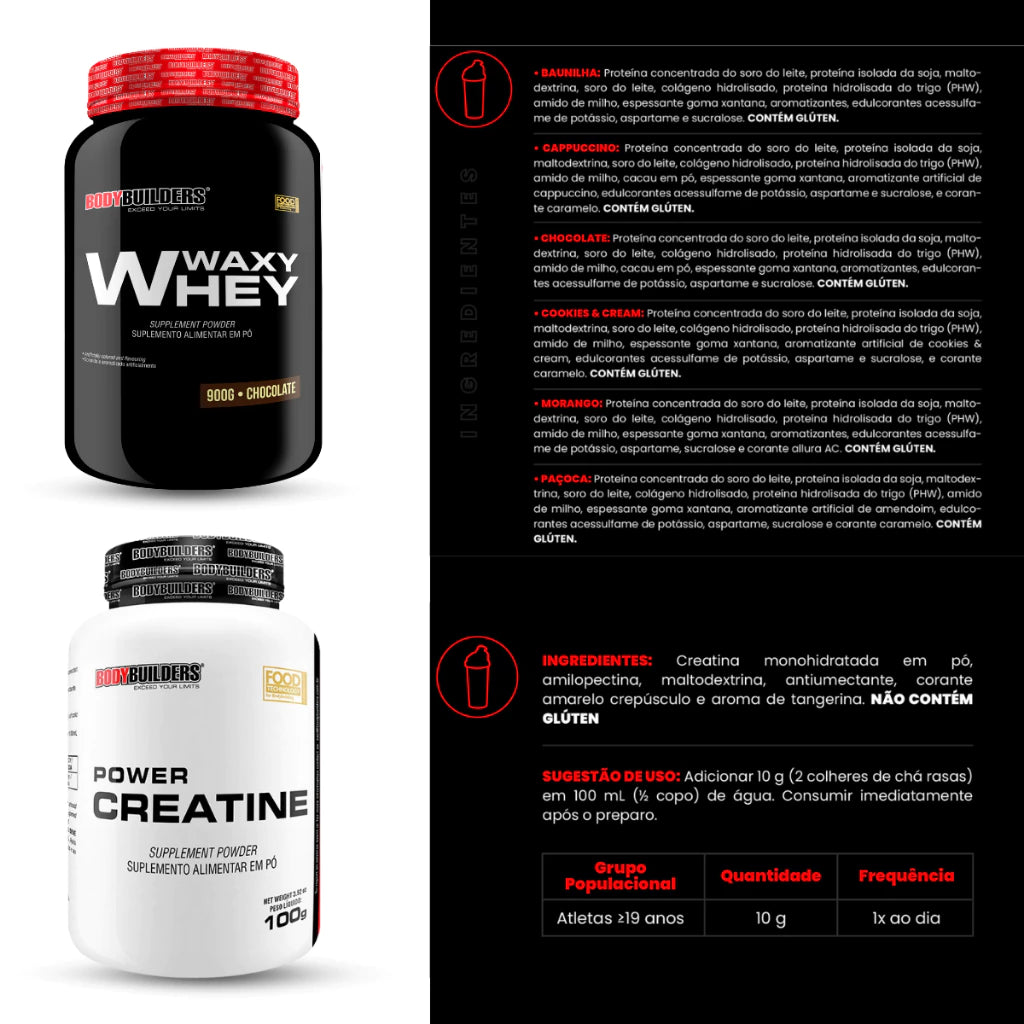 Kit Whey Protein Waxy Whey Pote 900g + Power Creatina 100g + Coqueteleira - Aumento de Massa Muscular - Bodybuilders