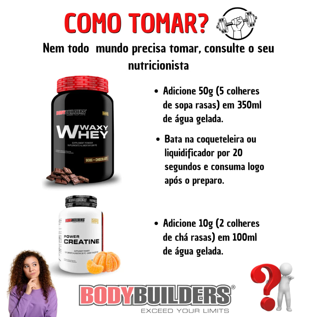 Kit Whey Protein Waxy Whey Pote 900g + Power Creatina 100g + Coqueteleira - Aumento de Massa Muscular - Bodybuilders