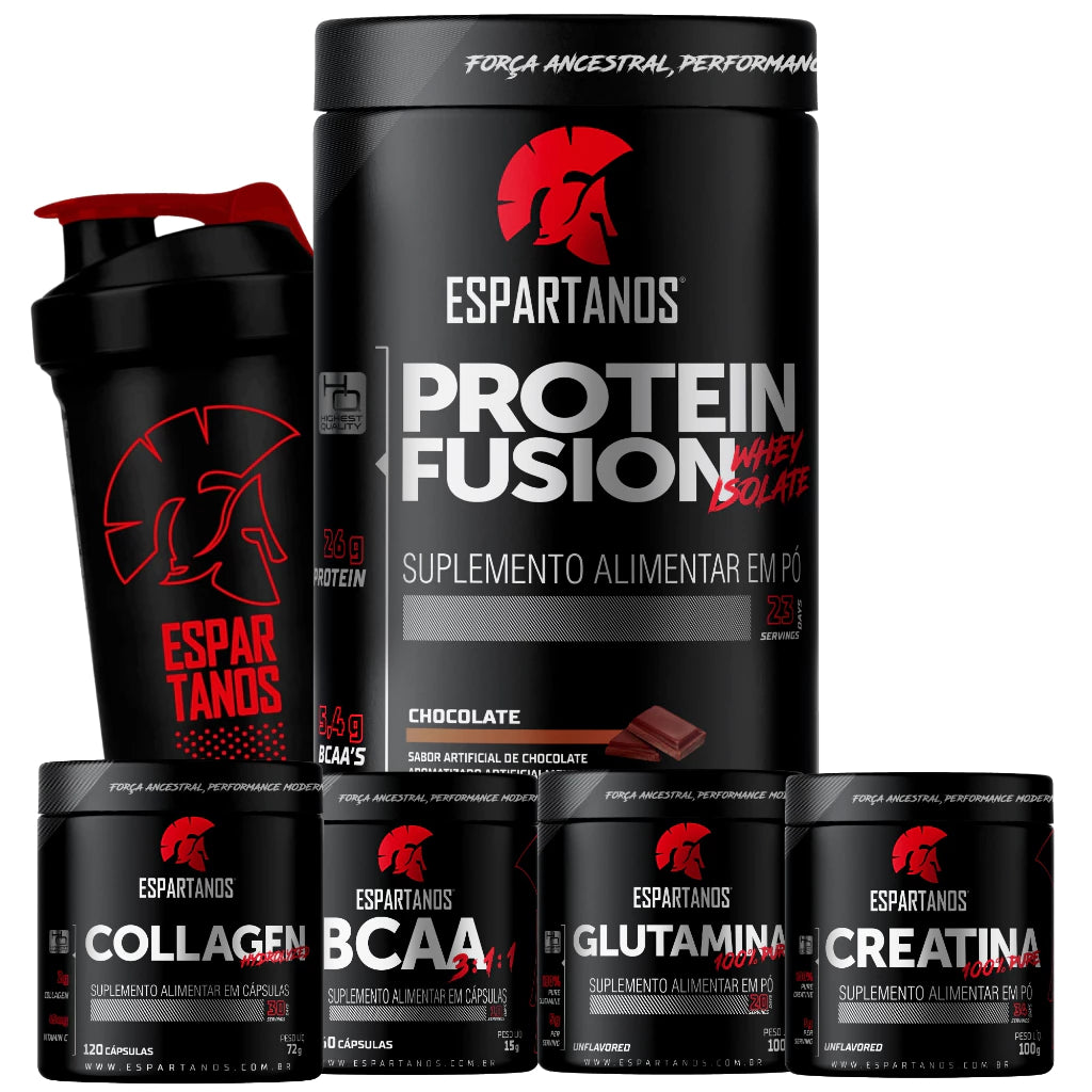 Combo Espartanos: Whey Isolado + BCAA + Creatina + Glutamina + Colágeno + Shaker