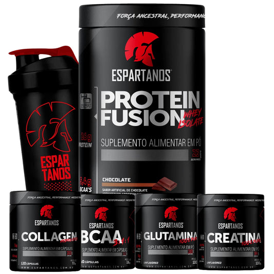 Combo Espartanos: Whey Isolado + BCAA + Creatina + Glutamina + Colágeno + Shaker
