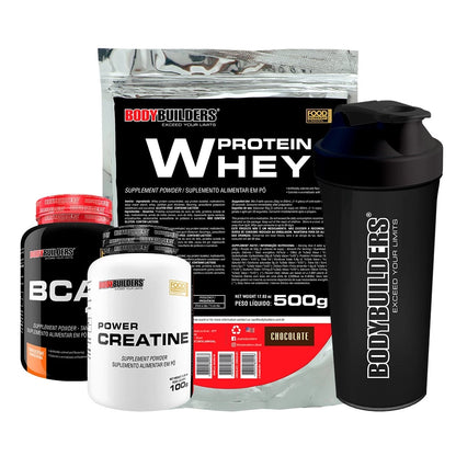 Kit Whey Protein Concentrado em Blend Proteico 500g + BCAA 4,5 100g + Power Creatina 100g + Coqueteleira - Aumento de Massa Muscular - Bodybuilders