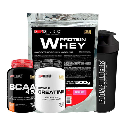 Kit Whey Protein Concentrado em Blend Proteico 500g + BCAA 4,5 100g + Power Creatina 100g + Coqueteleira - Aumento de Massa Muscular - Bodybuilders